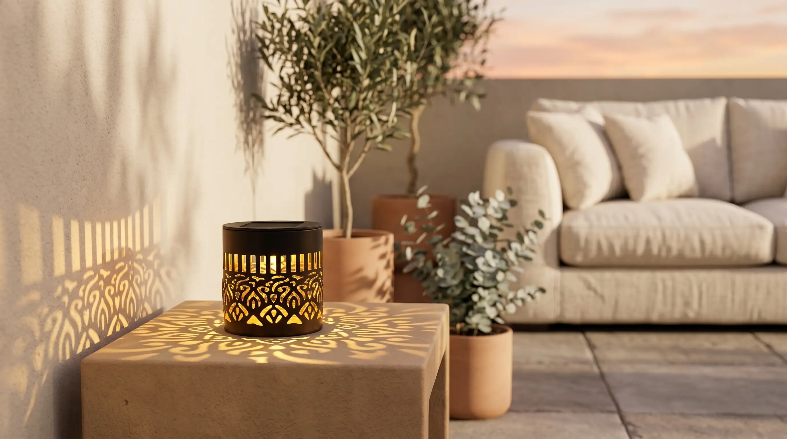 Soluna solar mandala lantern glowing on a warm patio at dusk, casting golden mandala light on the wall