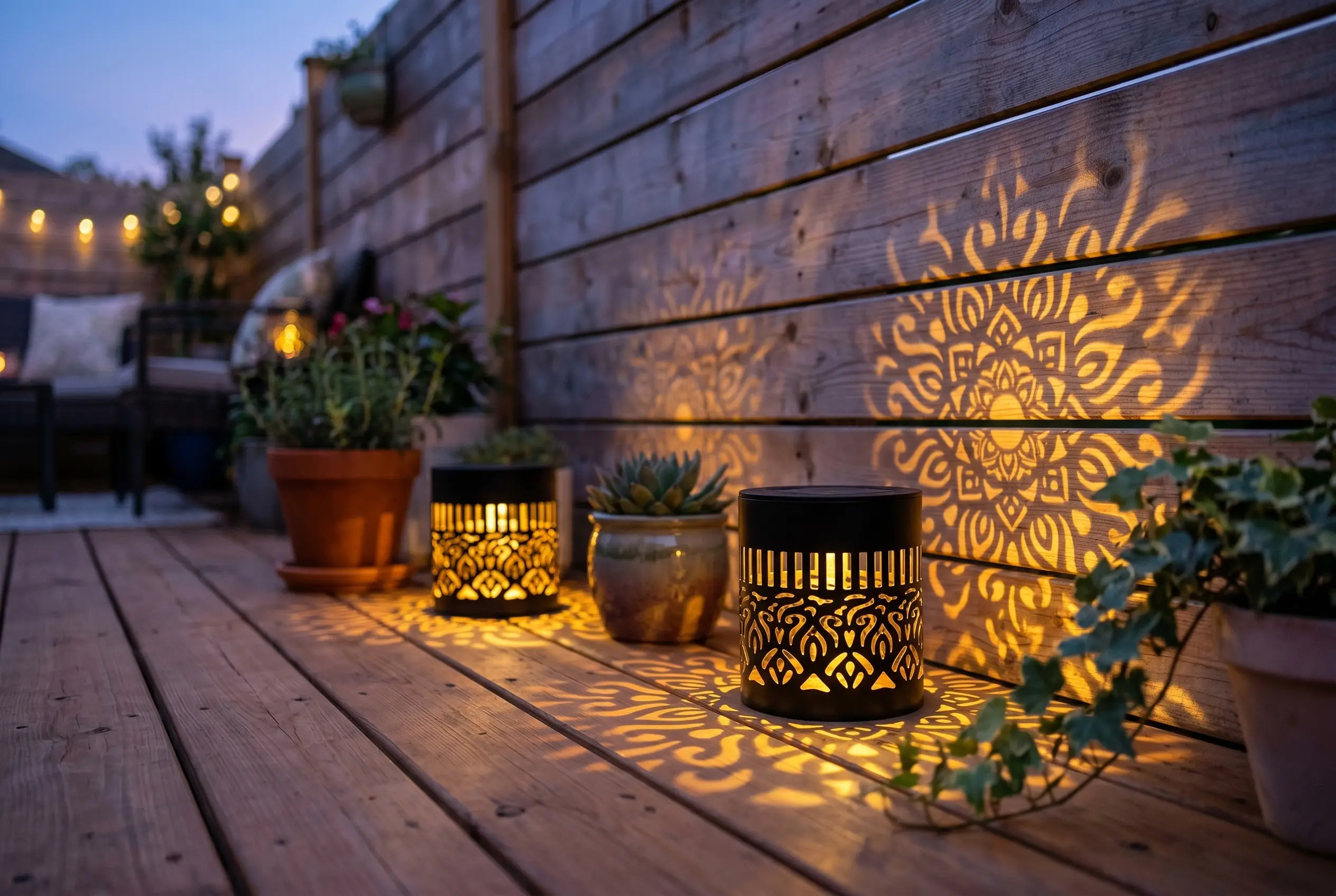Two Soluna lanterns projecting mandala light on a wooden fence at dusk